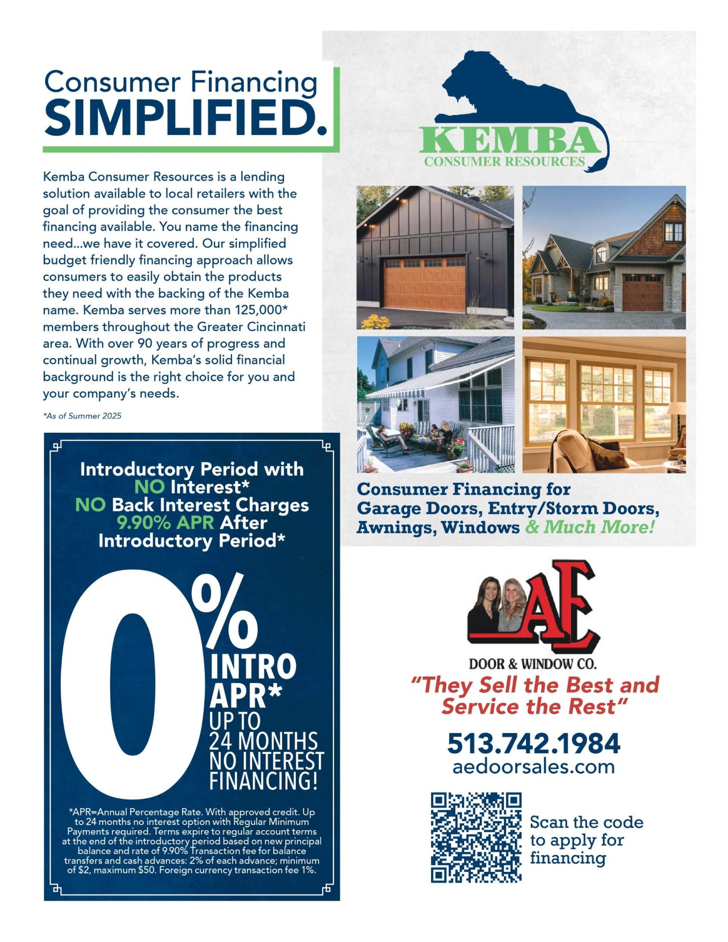 Kemba Consumer Resources financing for garage door and window purchases